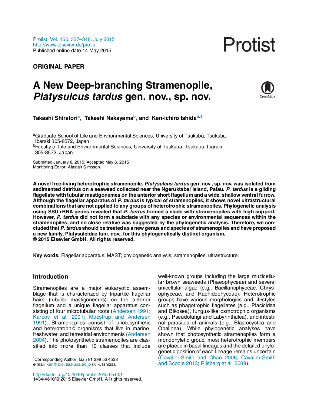 A New Deep-branching Stramenopile, Platysulcus tardus gen. nov., sp. nov.