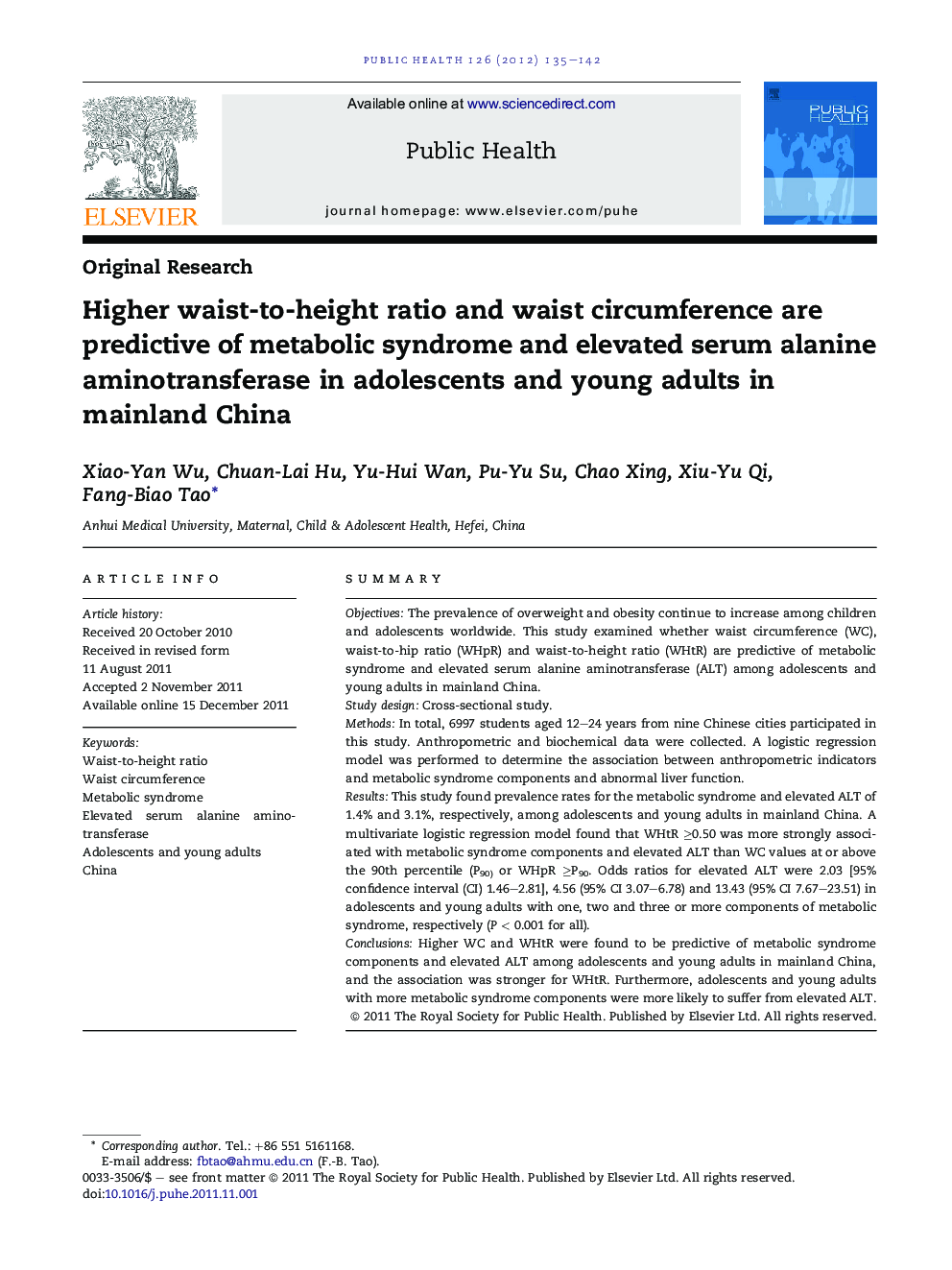 Higher waist-to-height ratio and waist circumference are predictive of metabolic syndrome and elevated serum alanine aminotransferase in adolescents and young adults in mainland China