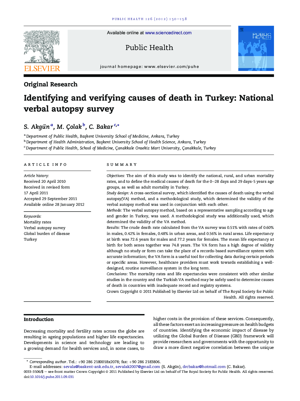 Identifying and verifying causes of death in Turkey: National verbal autopsy survey