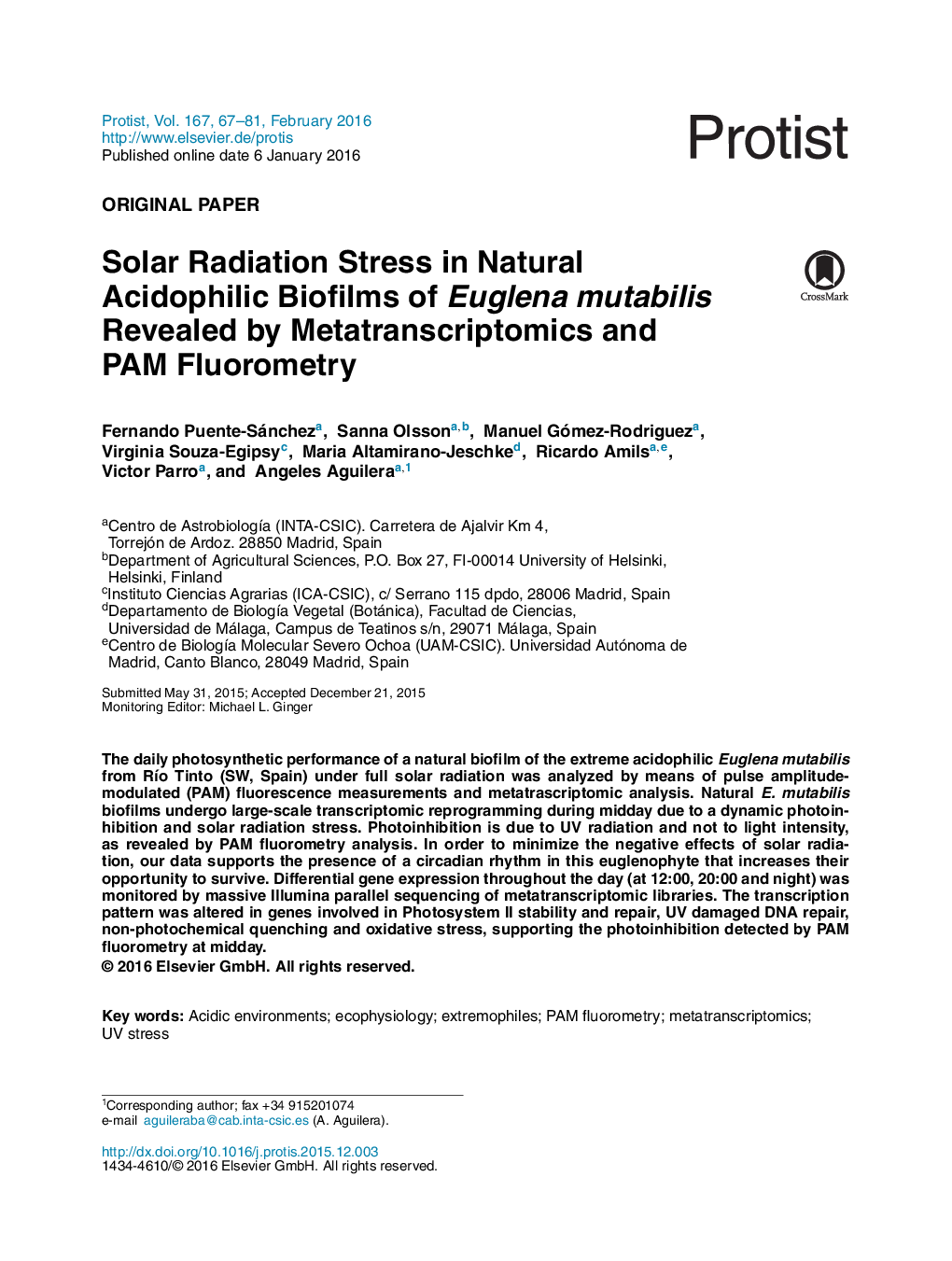 Solar Radiation Stress in Natural Acidophilic Biofilms of Euglena mutabilis Revealed by Metatranscriptomics and PAM Fluorometry