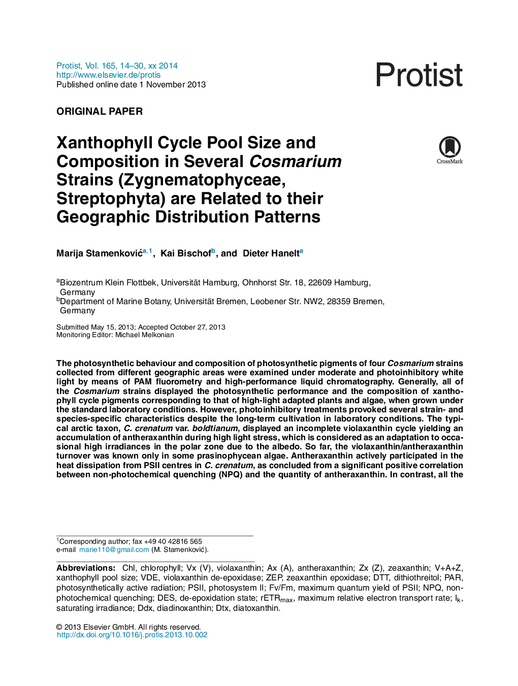 Xanthophyll Cycle Pool Size and Composition in Several Cosmarium Strains (Zygnematophyceae, Streptophyta) are Related to their Geographic Distribution Patterns