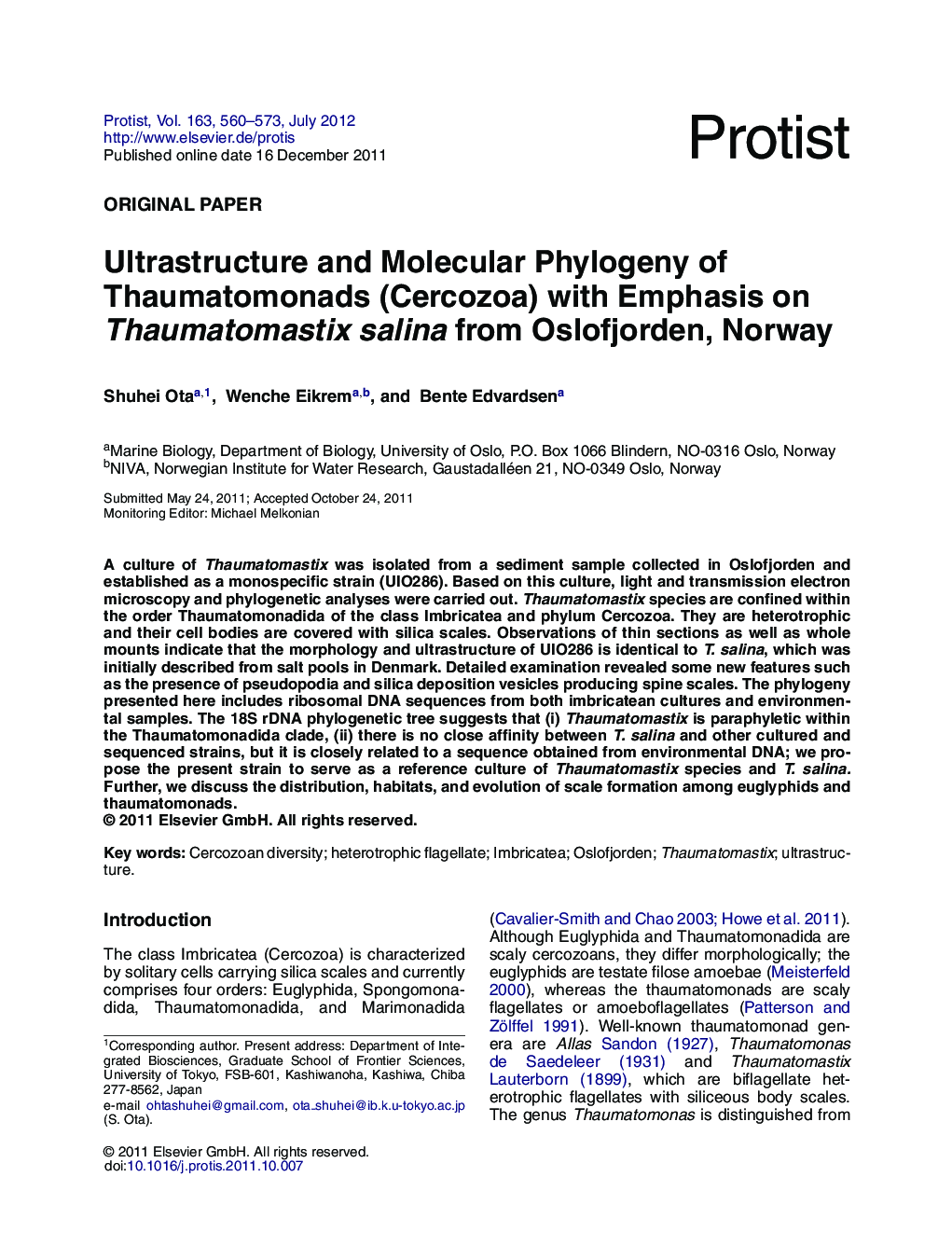 Ultrastructure and Molecular Phylogeny of Thaumatomonads (Cercozoa) with Emphasis on Thaumatomastix salina from Oslofjorden, Norway