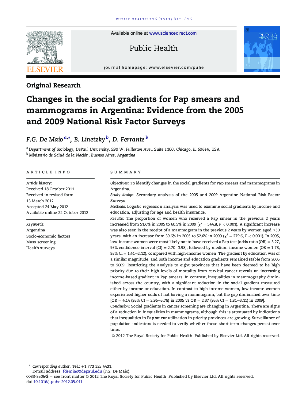 Changes in the social gradients for Pap smears and mammograms in Argentina: Evidence from the 2005 and 2009 National Risk Factor Surveys