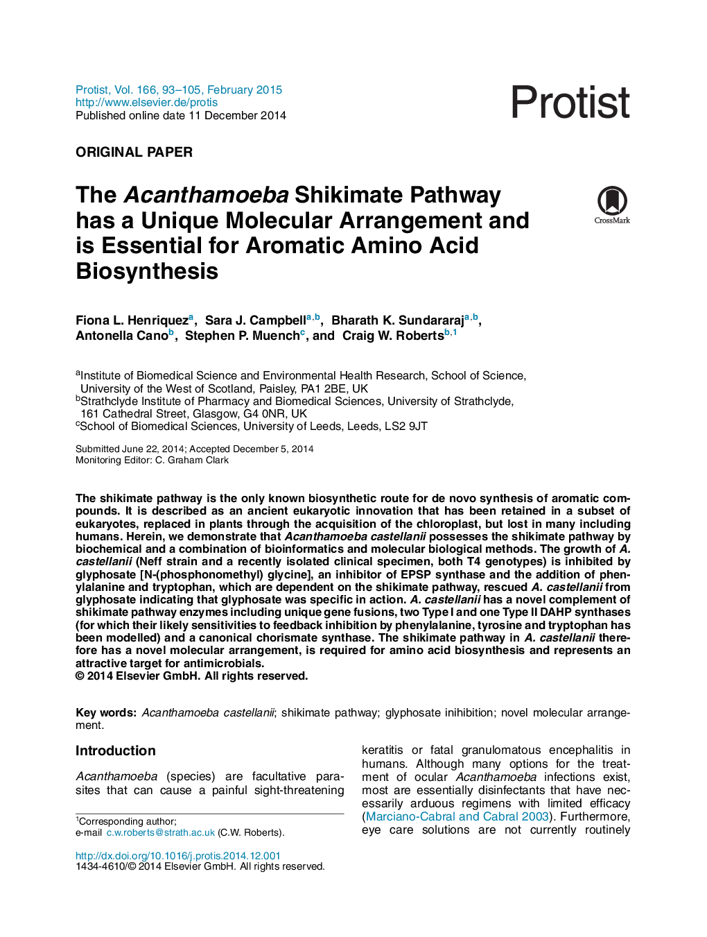 The Acanthamoeba Shikimate Pathway has a Unique Molecular Arrangement and is Essential for Aromatic Amino Acid Biosynthesis