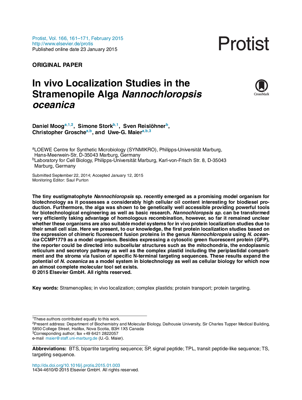 In vivo Localization Studies in the Stramenopile Alga Nannochloropsis oceanica