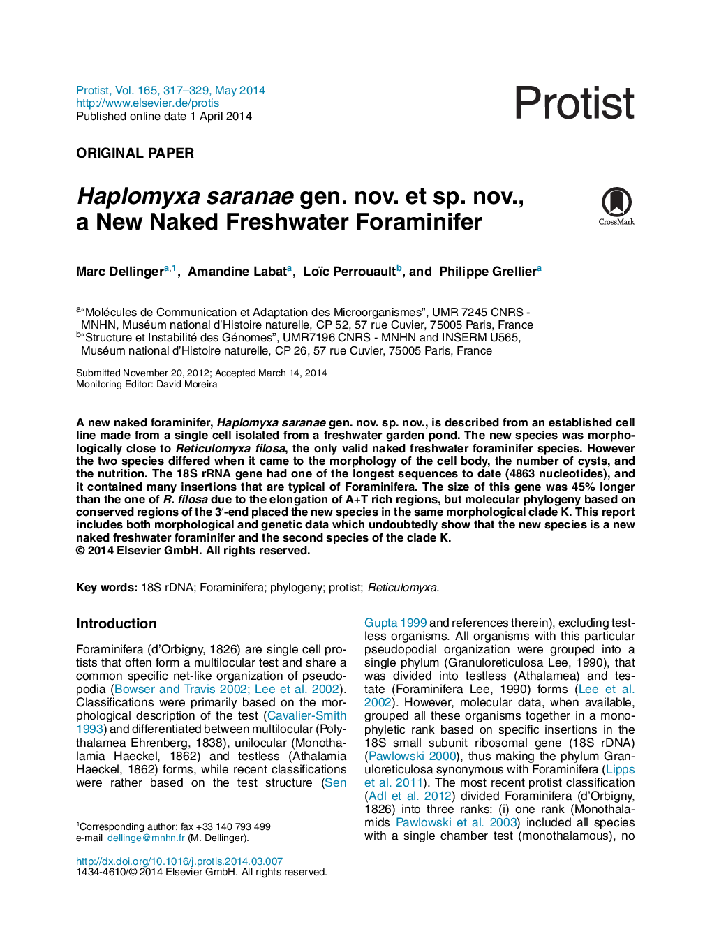 Haplomyxa saranae gen. nov. et sp. nov., a New Naked Freshwater Foraminifer