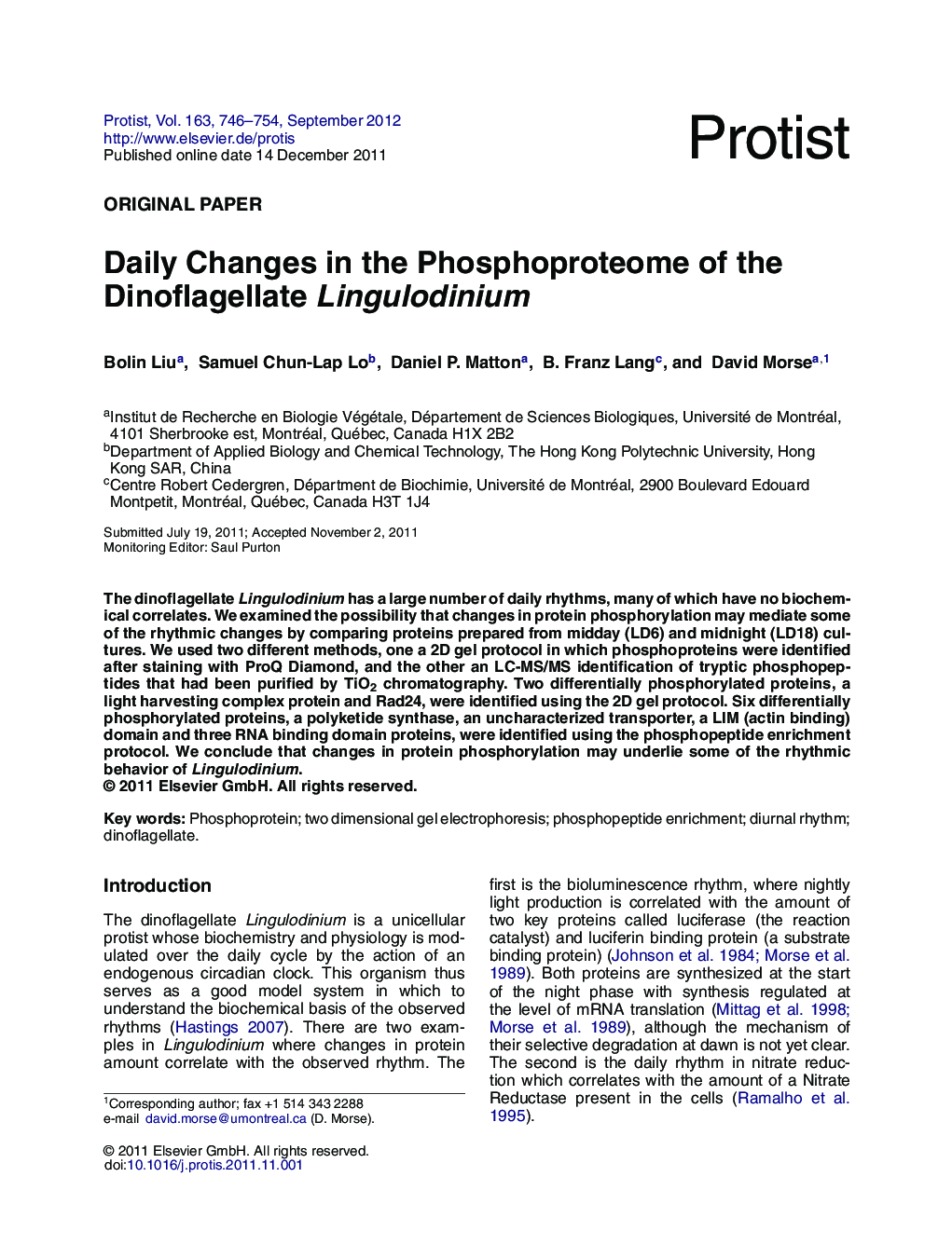 Daily Changes in the Phosphoproteome of the Dinoflagellate Lingulodinium