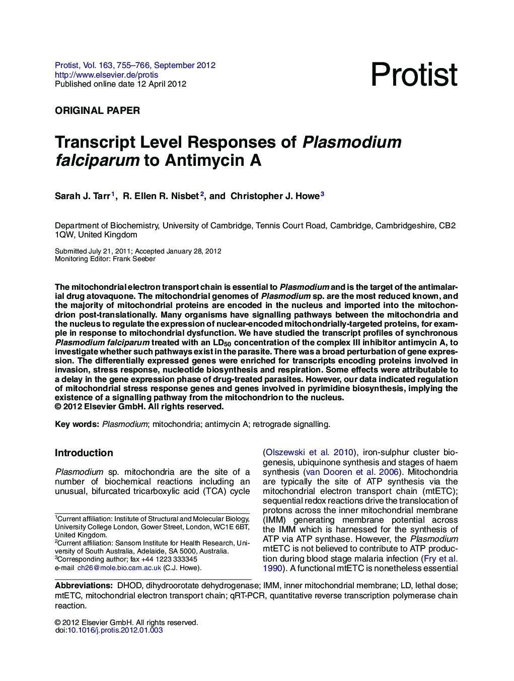 Transcript Level Responses of Plasmodium falciparum to Antimycin A