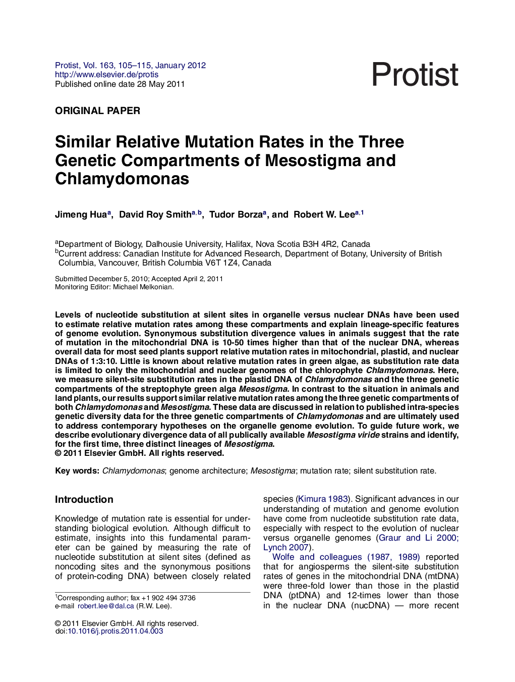 Similar Relative Mutation Rates in the Three Genetic Compartments of Mesostigma and Chlamydomonas