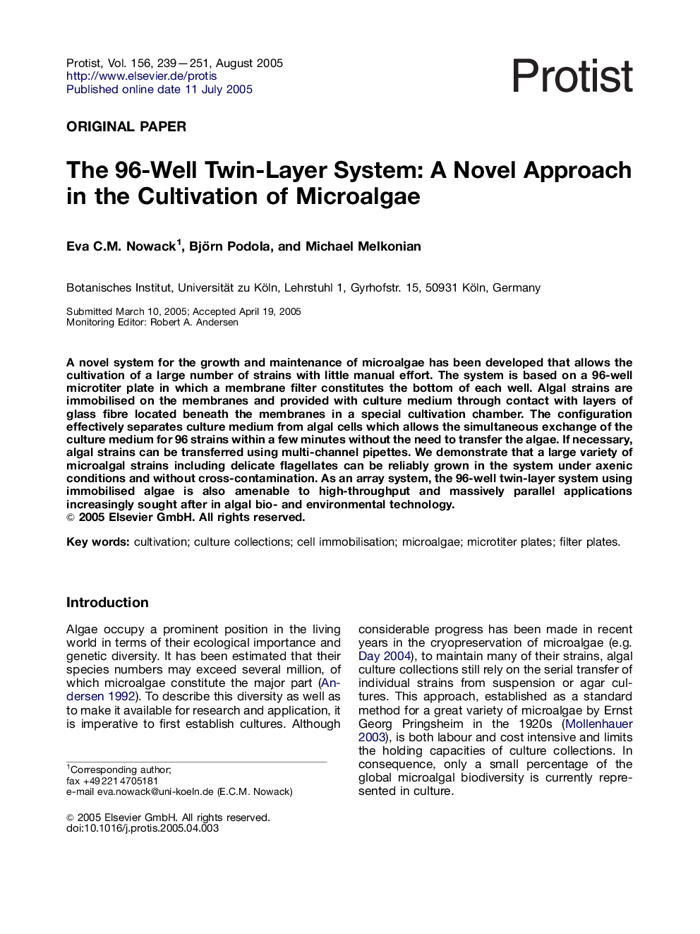 The 96-Well Twin-Layer System: A Novel Approach in the Cultivation of Microalgae
