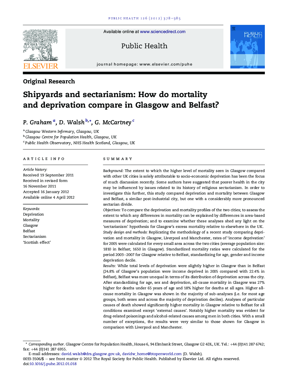 Shipyards and sectarianism: How do mortality and deprivation compare in Glasgow and Belfast?