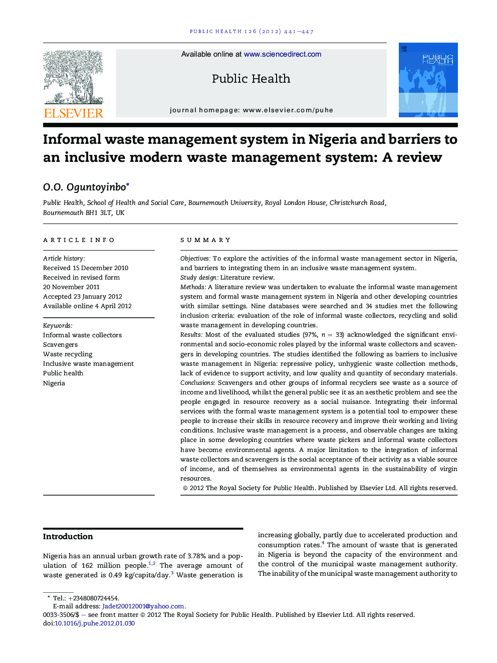 Informal waste management system in Nigeria and barriers to an inclusive modern waste management system: A review