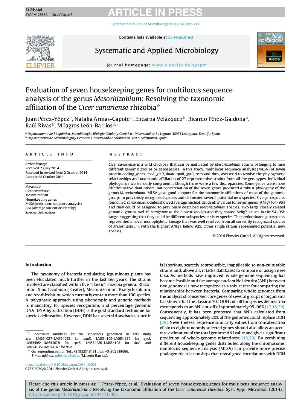 Evaluation of seven housekeeping genes for multilocus sequence analysis of the genus Mesorhizobium: Resolving the taxonomic affiliation of the Cicer canariense rhizobia