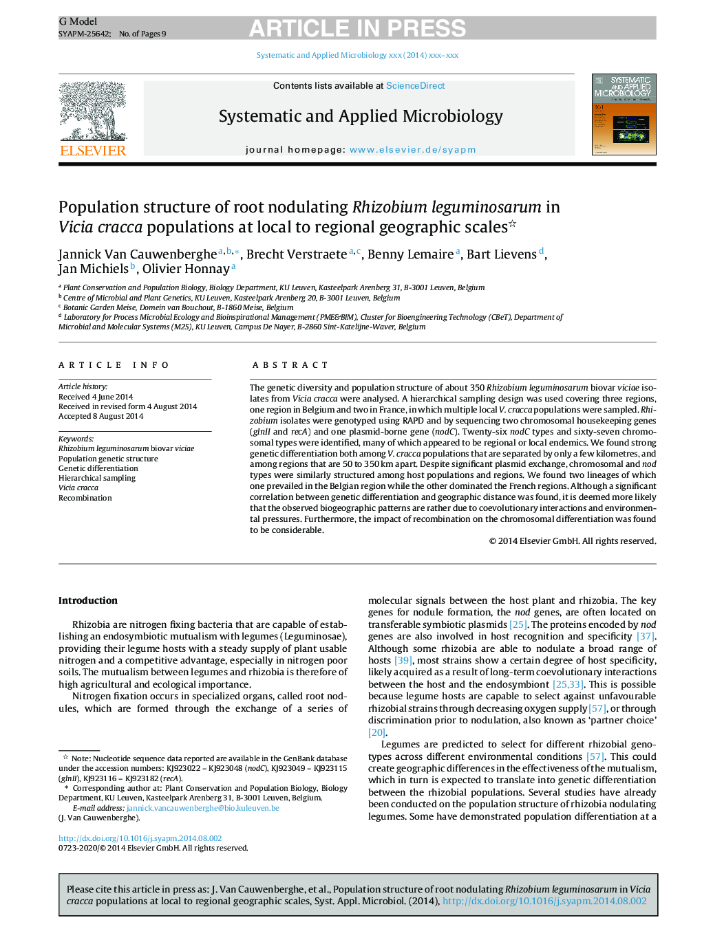 Population structure of root nodulating Rhizobium leguminosarum in Vicia cracca populations at local to regional geographic scales