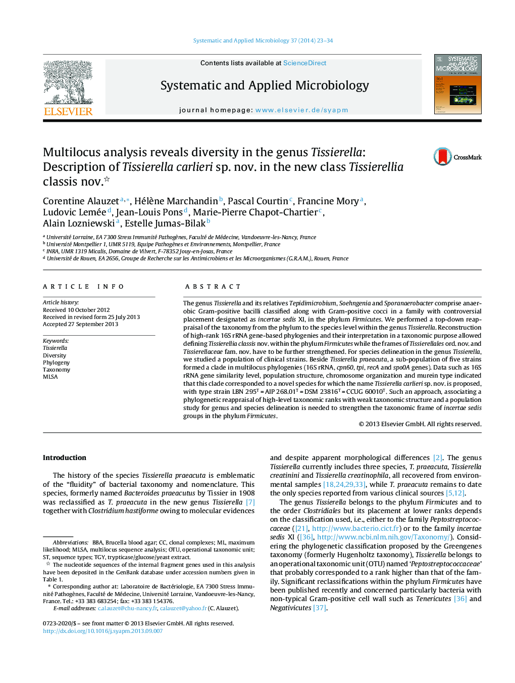 Multilocus analysis reveals diversity in the genus Tissierella: Description of Tissierella carlieri sp. nov. in the new class Tissierellia classis nov.