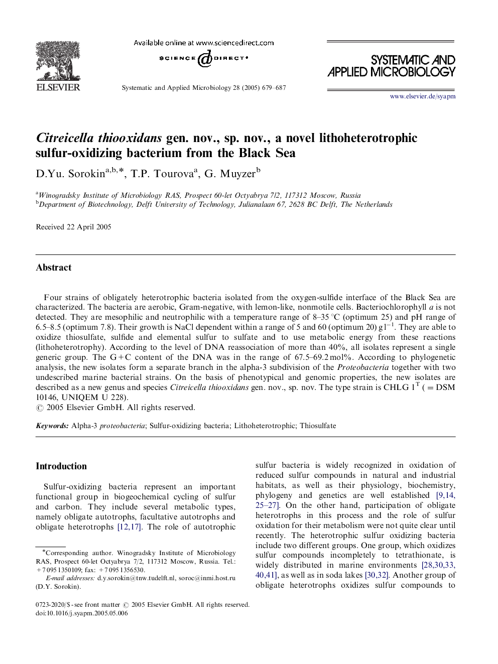 Citreicella thiooxidans gen. nov., sp. nov., a novel lithoheterotrophic sulfur-oxidizing bacterium from the Black Sea