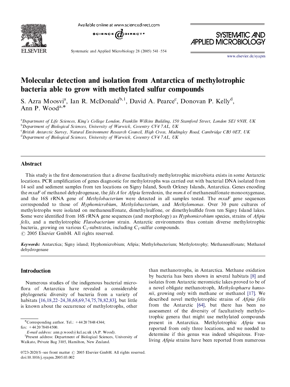 Molecular detection and isolation from Antarctica of methylotrophic bacteria able to grow with methylated sulfur compounds