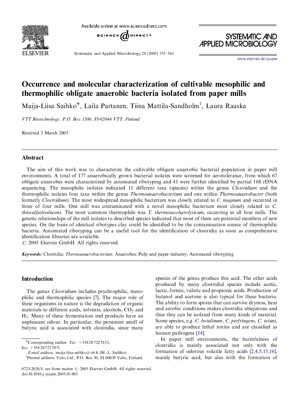 Occurrence and molecular characterization of cultivable mesophilic and thermophilic obligate anaerobic bacteria isolated from paper mills