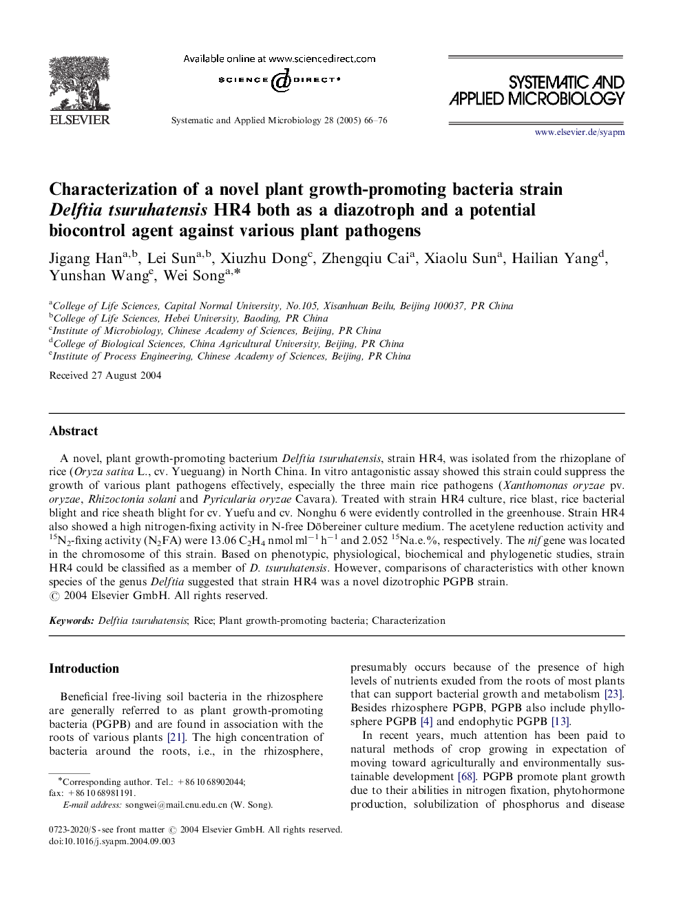 Characterization of a novel plant growth-promoting bacteria strain Delftia tsuruhatensis HR4 both as a diazotroph and a potential biocontrol agent against various plant pathogens