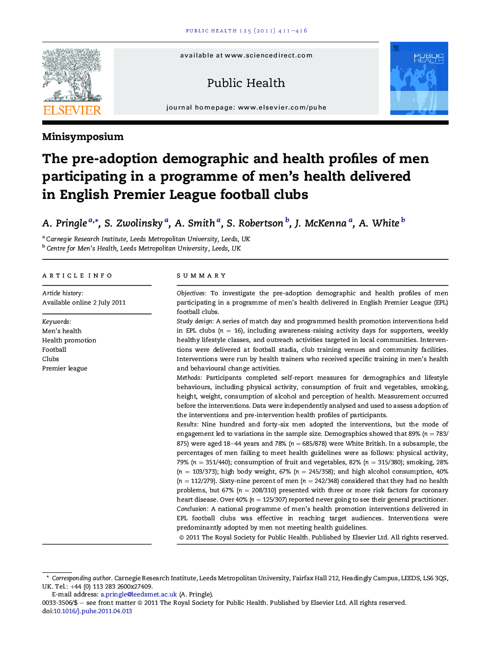 The pre-adoption demographic and health profiles of men participating in a programme of men’s health delivered in English Premier League football clubs