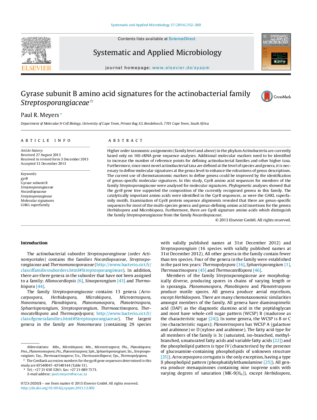 Gyrase subunit B amino acid signatures for the actinobacterial family Streptosporangiaceae