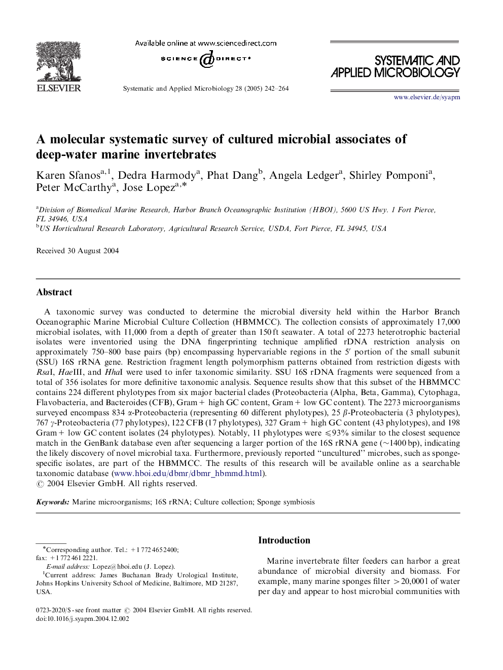 A molecular systematic survey of cultured microbial associates of deep-water marine invertebrates