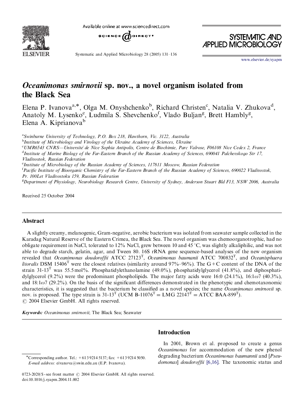 Oceanimonas smirnovii sp. nov., a novel organism isolated from the Black Sea