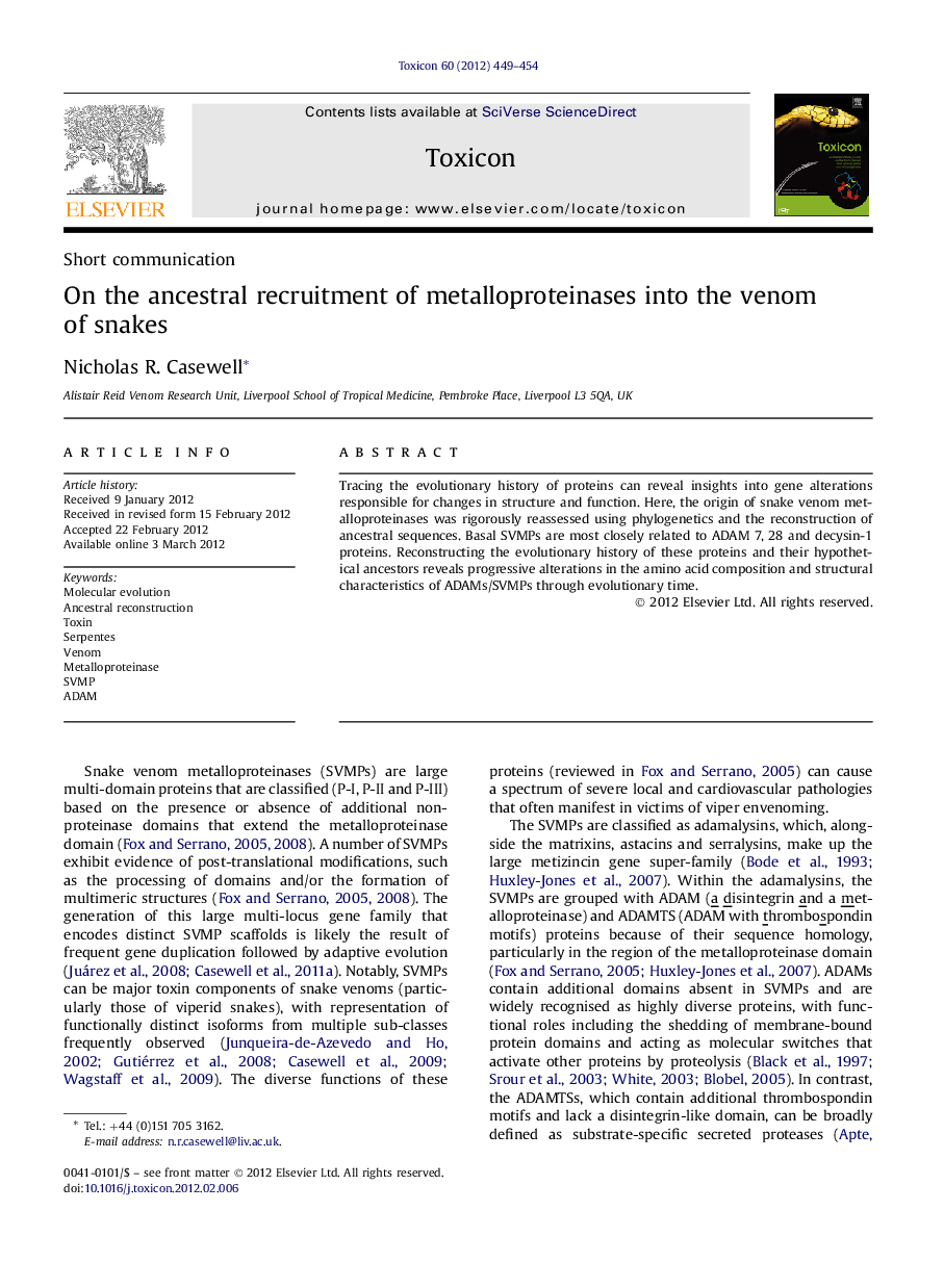 On the ancestral recruitment of metalloproteinases into the venom of snakes