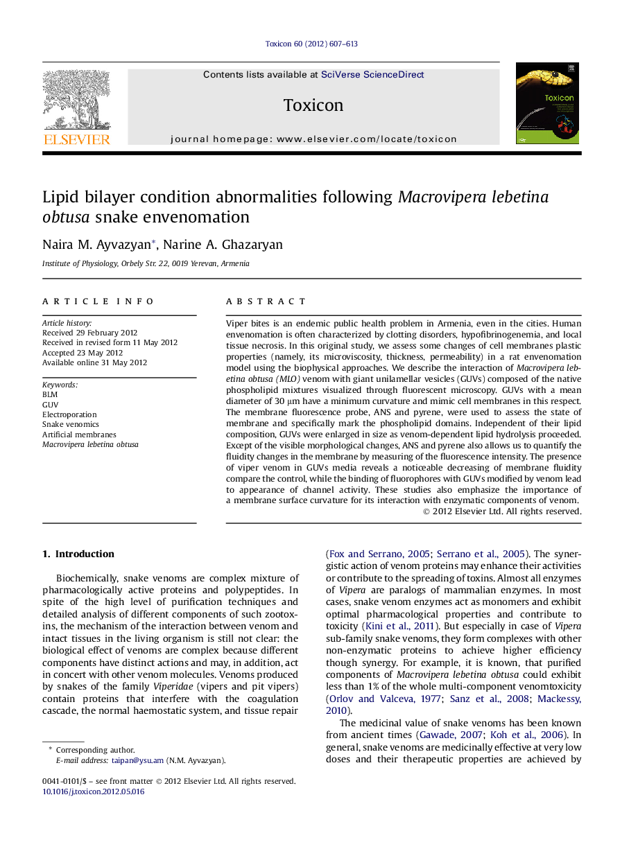 Lipid bilayer condition abnormalities following Macrovipera lebetina obtusa snake envenomation