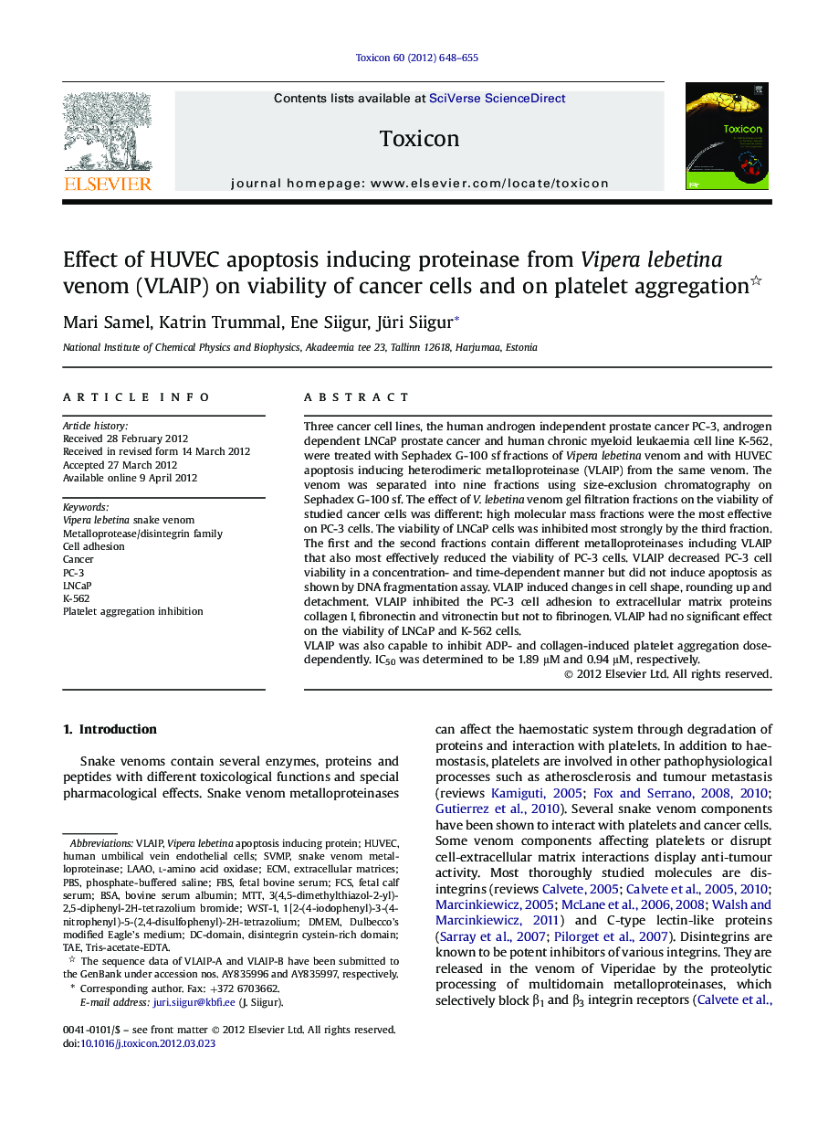 Effect of HUVEC apoptosis inducing proteinase from Vipera lebetina venom (VLAIP) on viability of cancer cells and on platelet aggregation