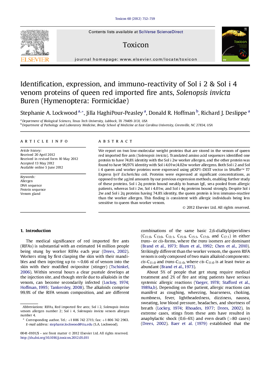 Identification, expression, and immuno-reactivity of Sol i 2 & Sol i 4 venom proteins of queen red imported fire ants, Solenopsis invicta Buren (Hymenoptera: Formicidae)