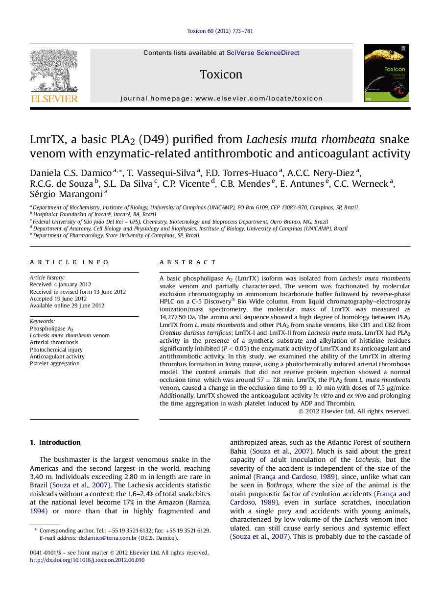 LmrTX, a basic PLA2 (D49) purified from Lachesis muta rhombeata snake venom with enzymatic-related antithrombotic and anticoagulant activity