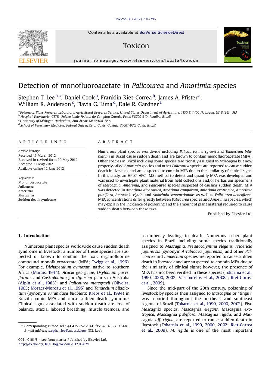 Detection of monofluoroacetate in Palicourea and Amorimia species