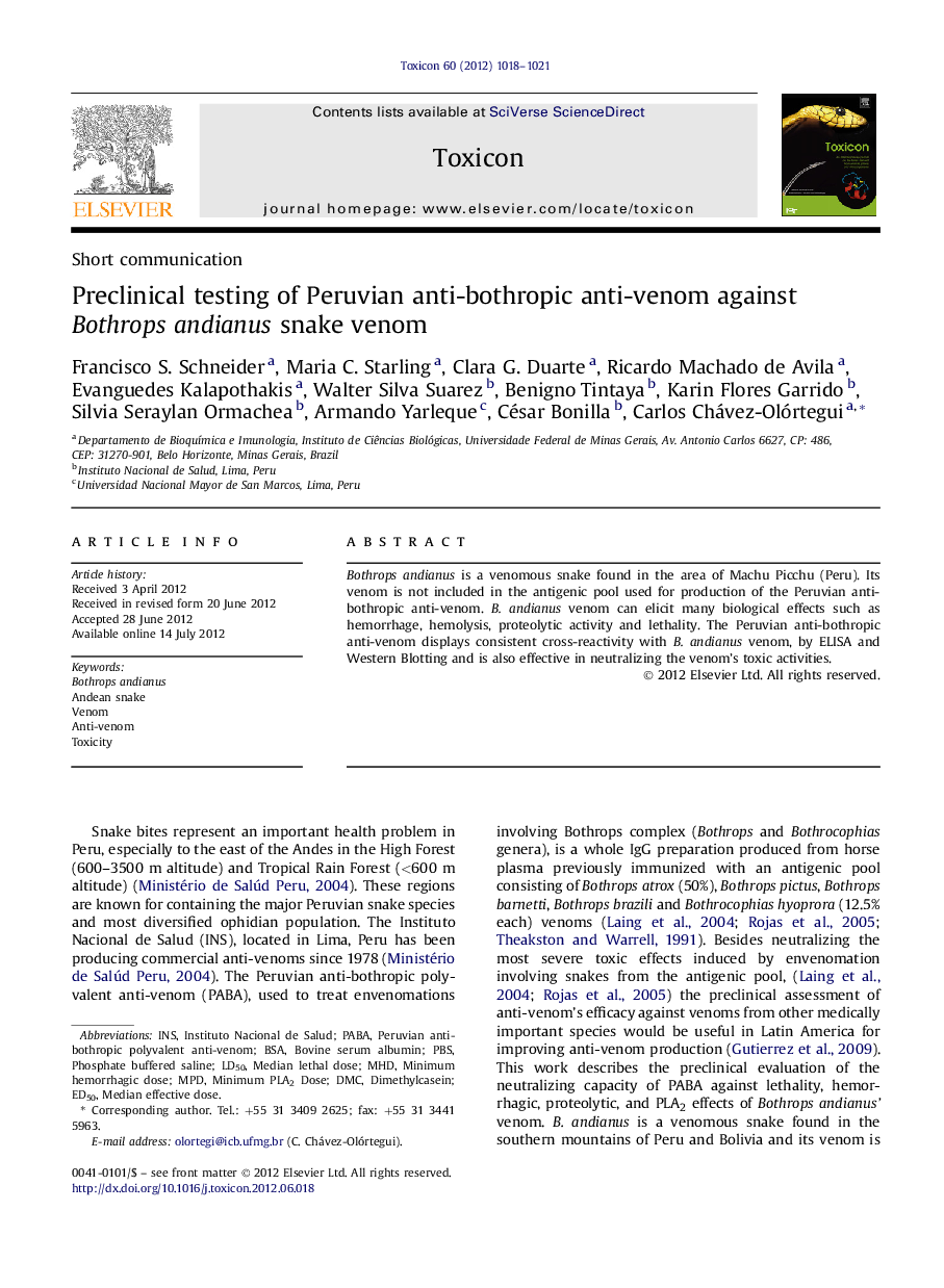 Preclinical testing of Peruvian anti-bothropic anti-venom against Bothrops andianus snake venom