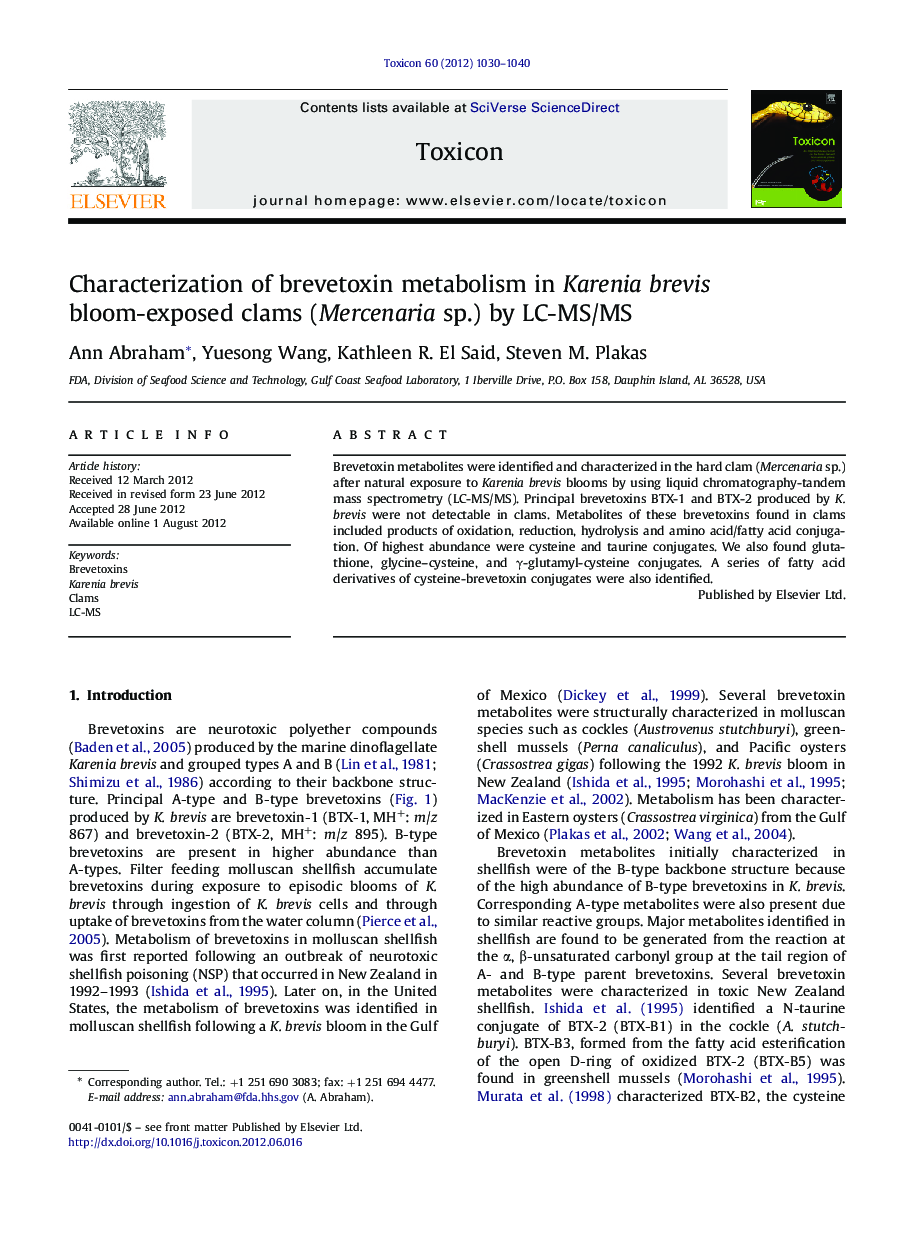 Characterization of brevetoxin metabolism in Karenia brevis bloom-exposed clams (Mercenaria sp.) by LC-MS/MS