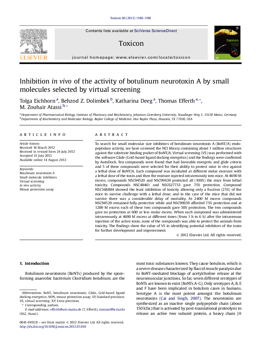 Inhibition inÂ vivo of the activity of botulinum neurotoxin A by small molecules selected by virtual screening