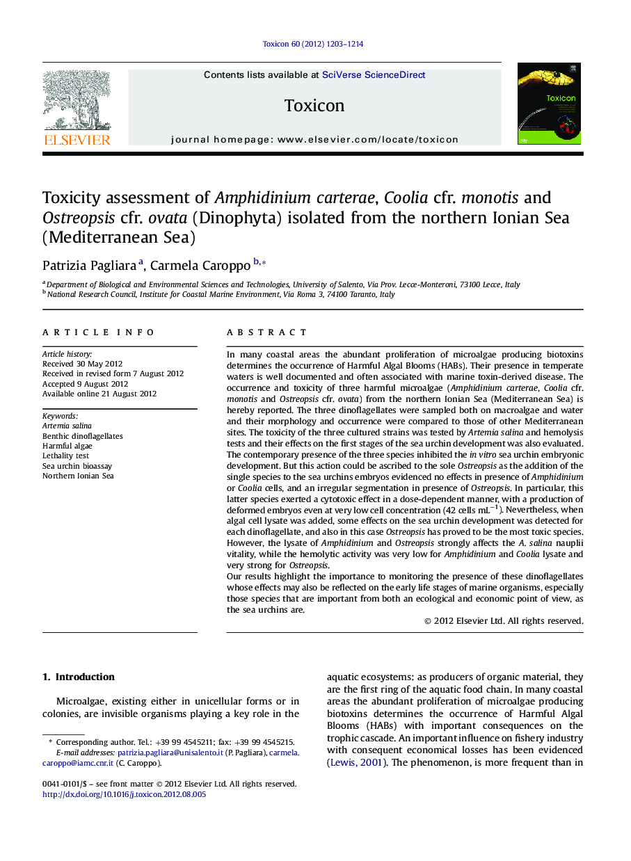 Toxicity assessment of Amphidinium carterae, Coolia cfr. monotis and Ostreopsis cfr. ovata (Dinophyta) isolated from the northern Ionian Sea (Mediterranean Sea)