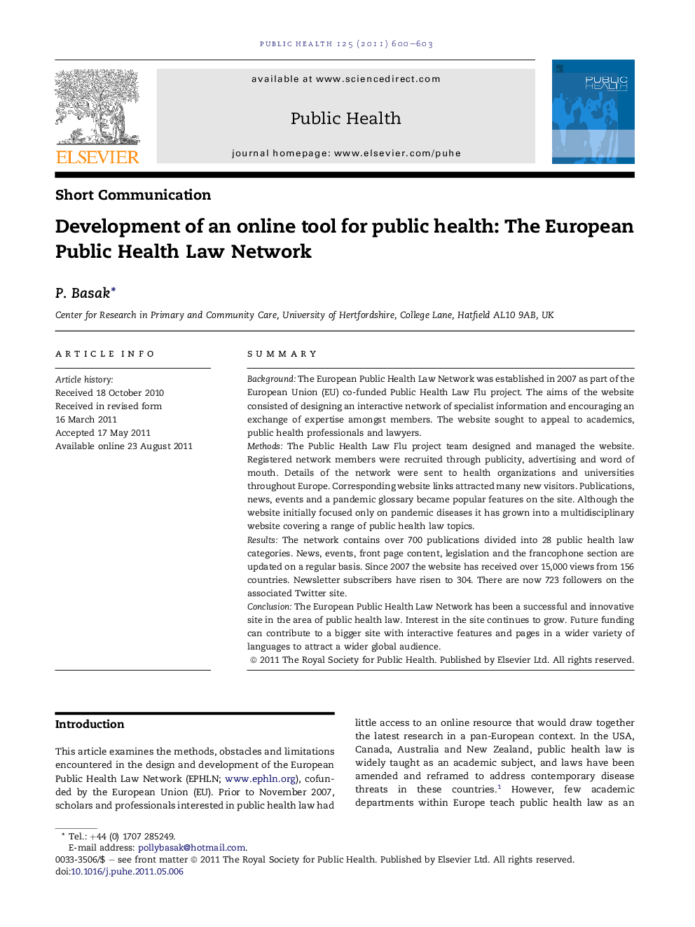 عکس صفحه اول مقاله: Development of an online tool for public health: The European Public Health Law Network Development of an online tool for public health: The European Public Health Law Network