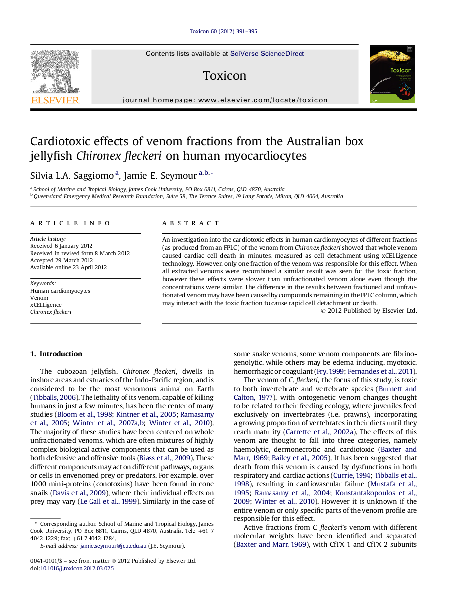 Cardiotoxic effects of venom fractions from the Australian box jellyfish Chironex fleckeri on human myocardiocytes