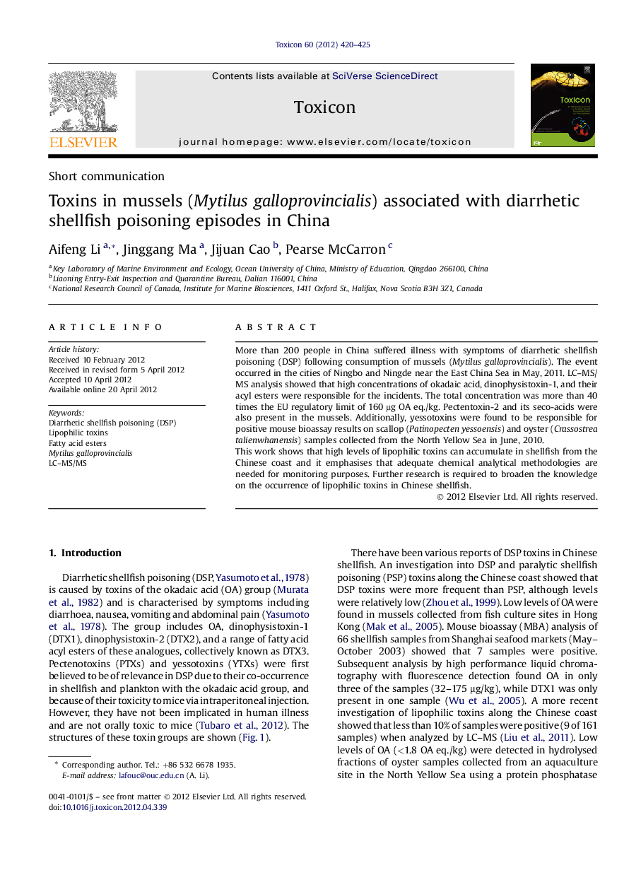 Toxins in mussels (Mytilus galloprovincialis) associated with diarrhetic shellfish poisoning episodes in China