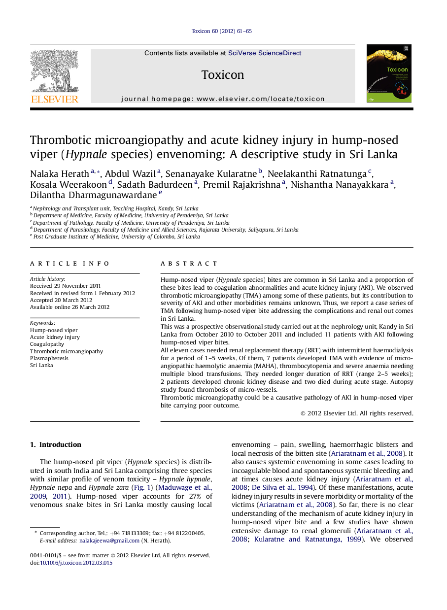 Thrombotic microangiopathy and acute kidney injury in hump-nosed viper (Hypnale species) envenoming: A descriptive study in Sri Lanka