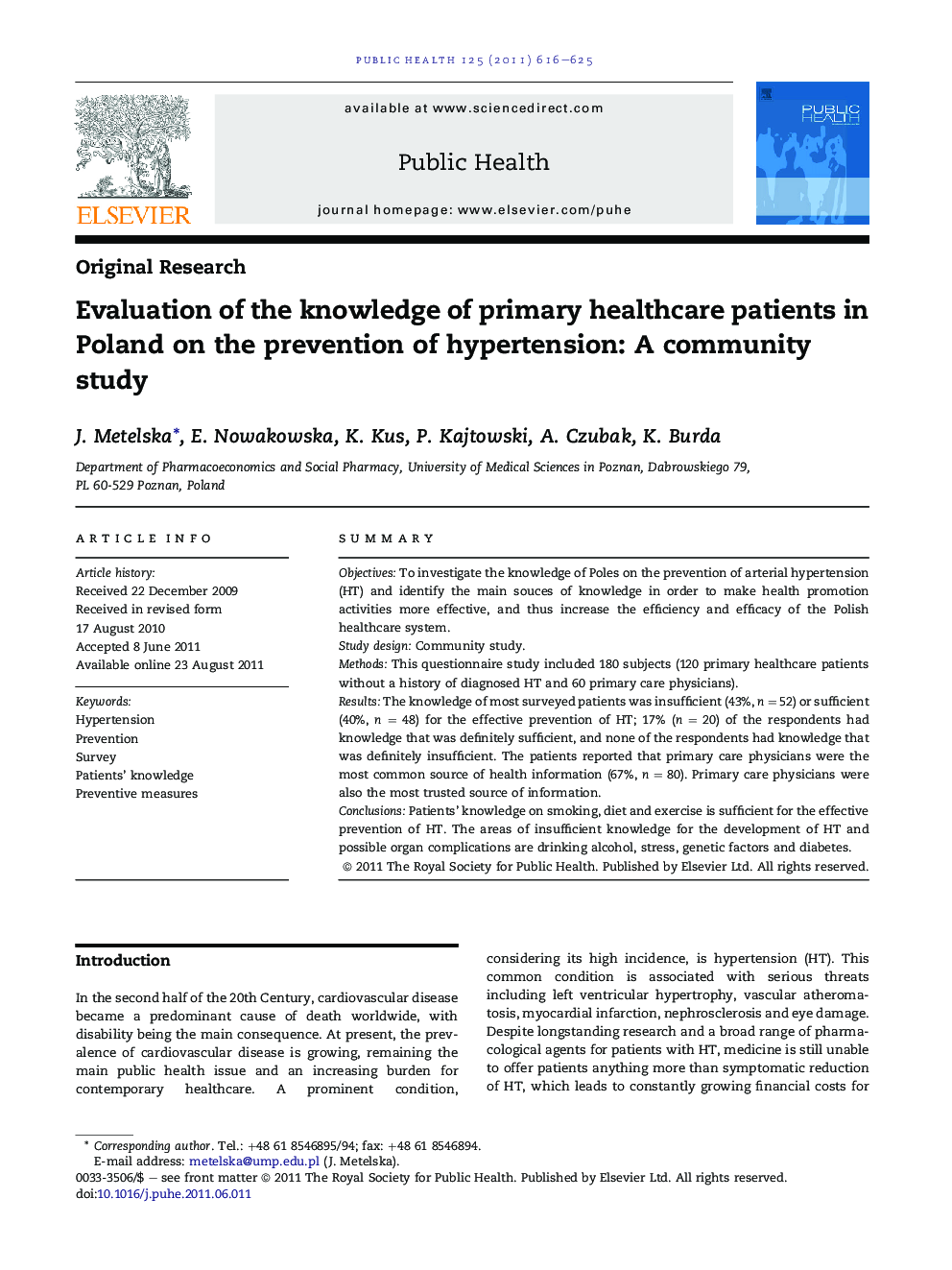 Evaluation of the knowledge of primary healthcare patients in Poland on the prevention of hypertension: A community study