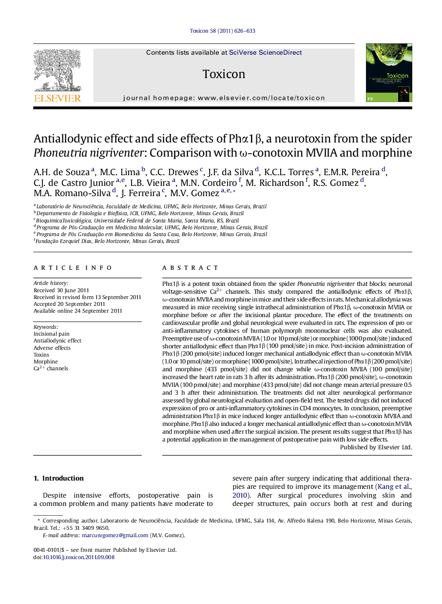 Antiallodynic effect and side effects of PhÎ±1Î², a neurotoxin from the spider Phoneutria nigriventer: Comparison with Ï-conotoxin MVIIA and morphine