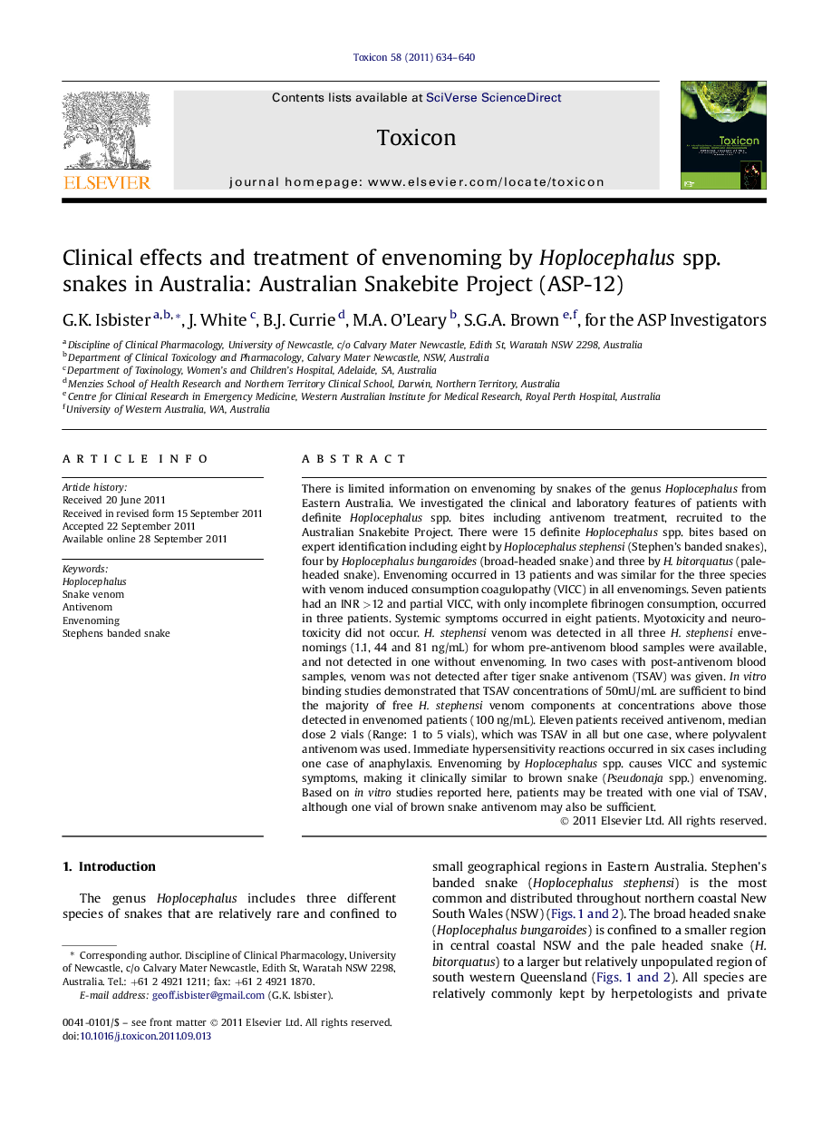 Clinical effects and treatment of envenoming by Hoplocephalus spp. snakes in Australia: Australian Snakebite Project (ASP-12)