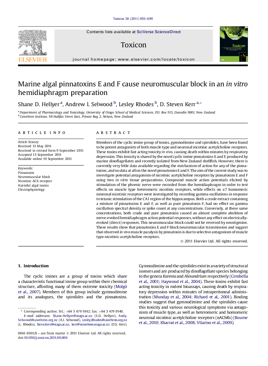 Marine algal pinnatoxins E and F cause neuromuscular block in an inÂ vitro hemidiaphragm preparation