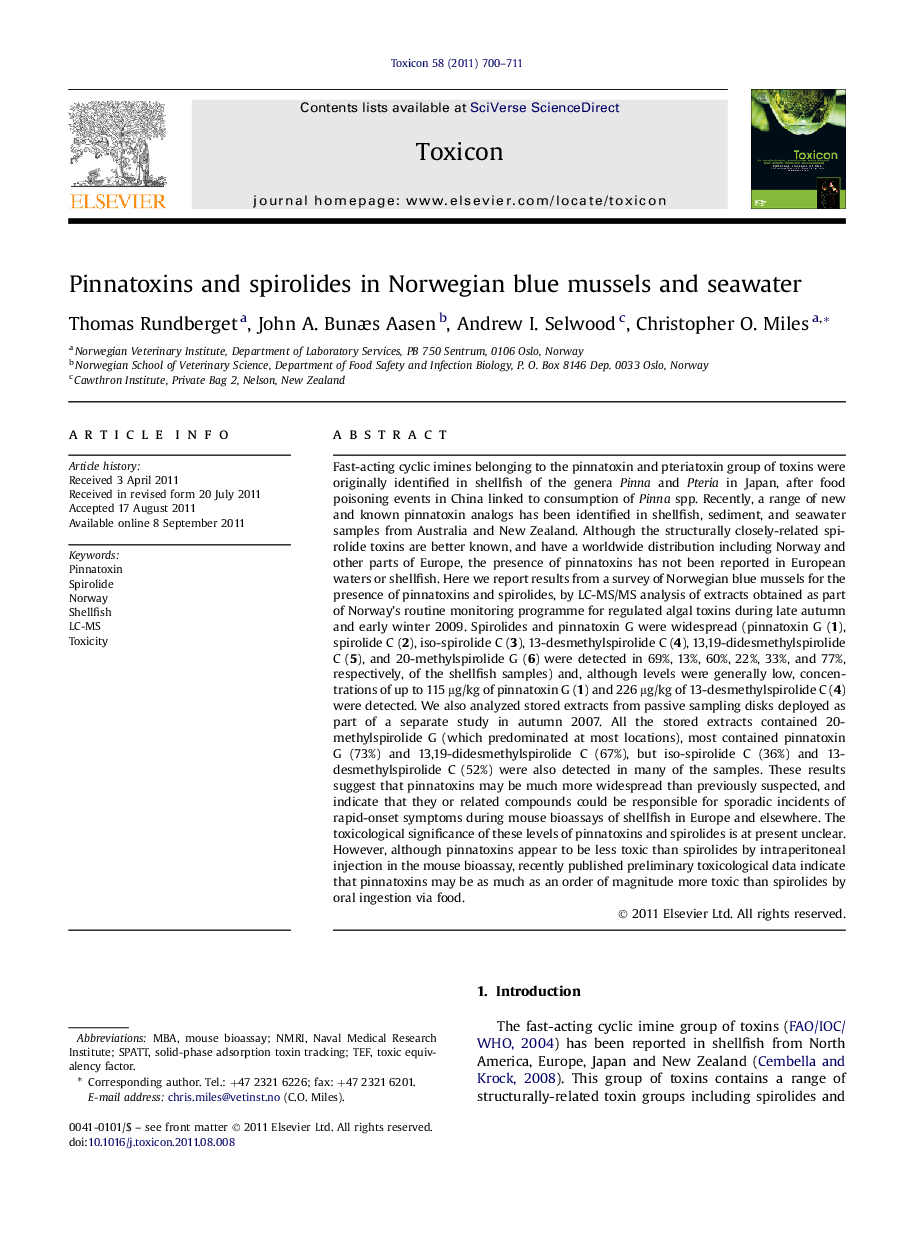 Pinnatoxins and spirolides in Norwegian blue mussels and seawater