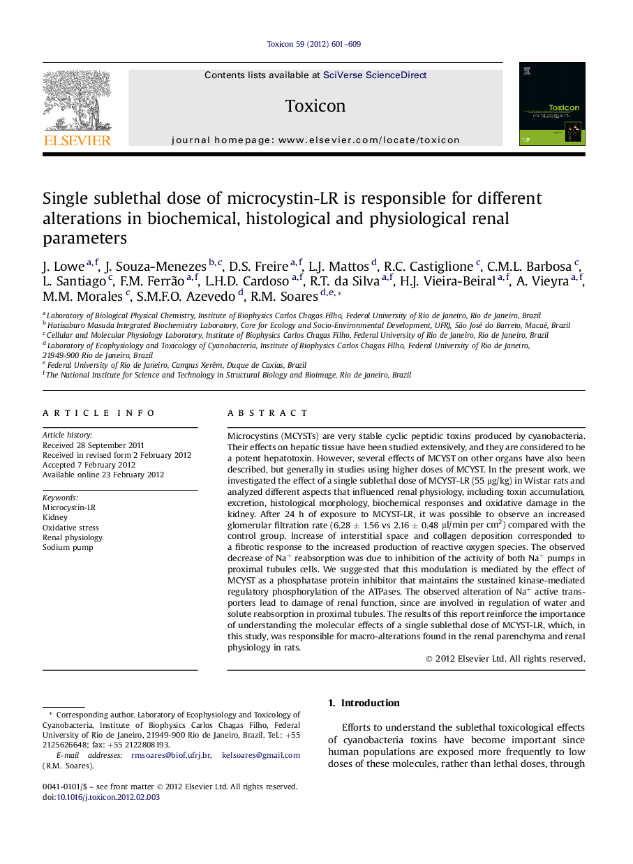 Single sublethal dose of microcystin-LR is responsible for different alterations in biochemical, histological and physiological renal parameters