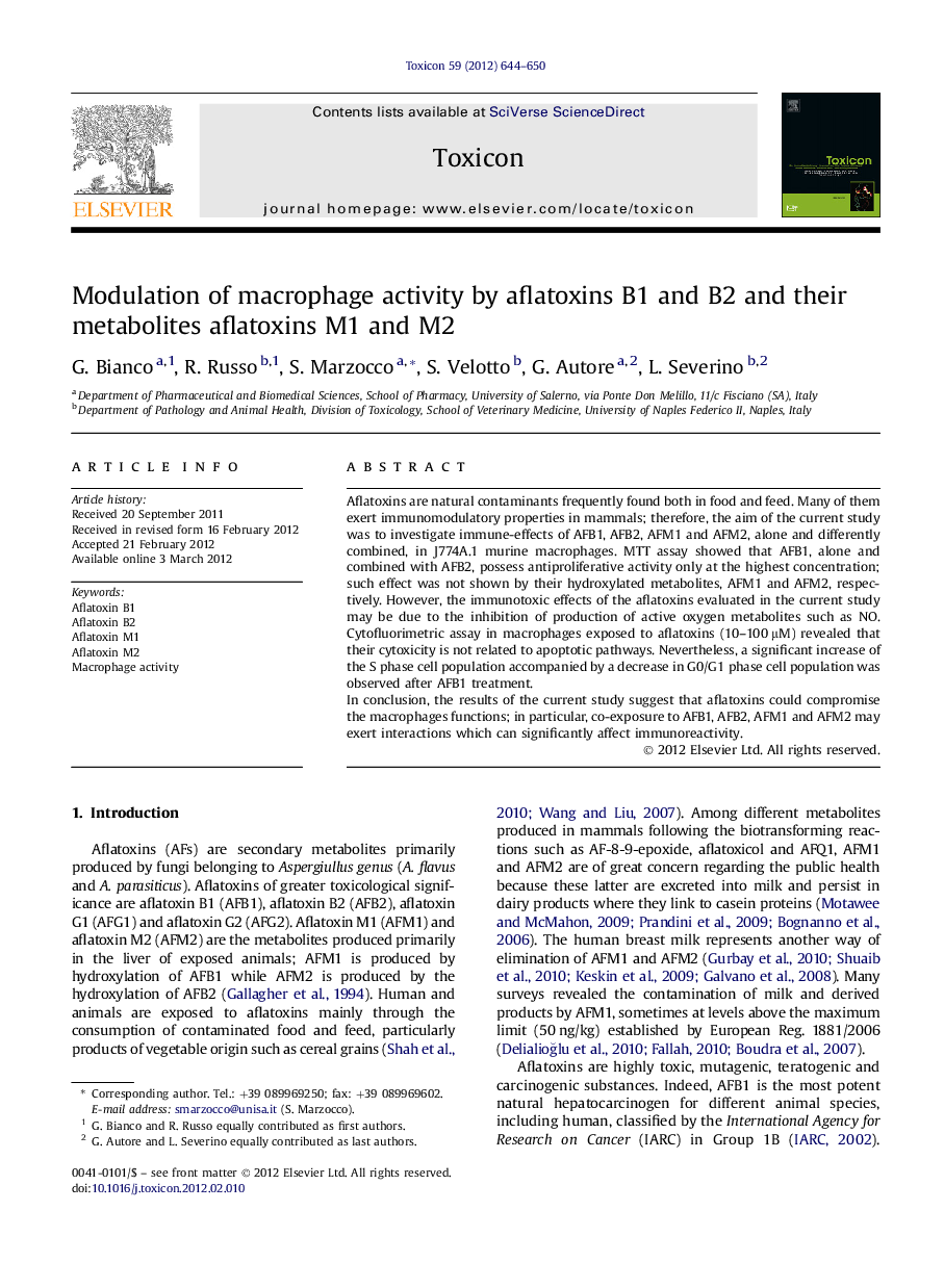 Modulation of macrophage activity by aflatoxins B1 and B2 and their metabolites aflatoxins M1 and M2