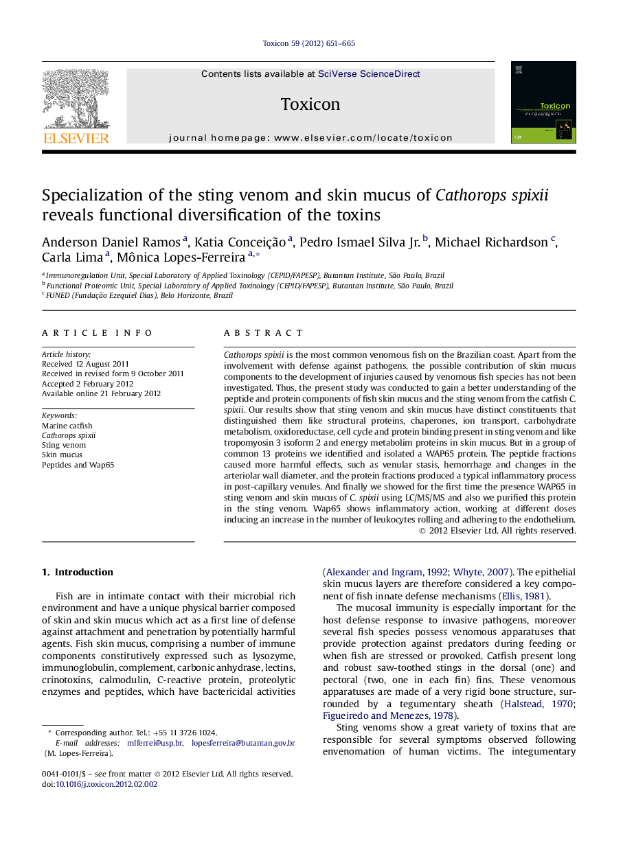 Specialization of the sting venom and skin mucus of Cathorops spixii reveals functional diversification of the toxins