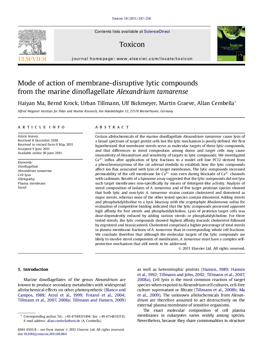 Mode of action of membrane-disruptive lytic compounds from the marine dinoflagellate Alexandrium tamarense